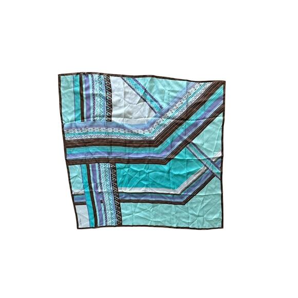 Adrienne Landau Silk Scarf Women's Blue Brown Geometric Square 34" x 34" - Picture 5 of 6